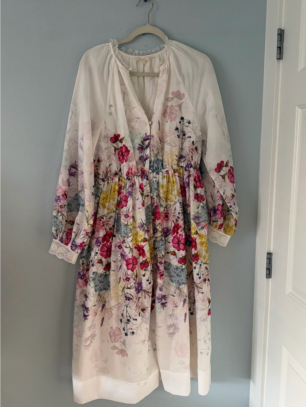 White Floral Midi Dress with Lace Trimmings & Flower Buttons